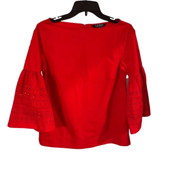 Lauren Ralph Lauren Red Top Laser Cut Bell Sleeves Size XS NWOT - Picture 1 of 9